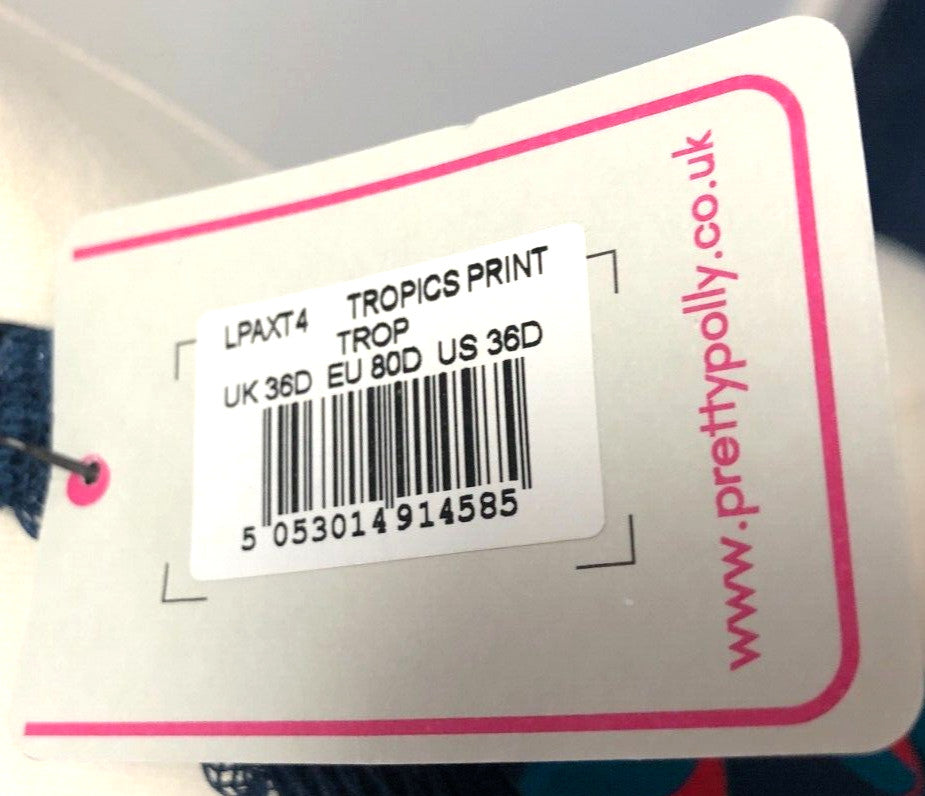 Pretty Polly Bra 36D Navy/Red Tropics Print Plunge Underwired Padded BNWT