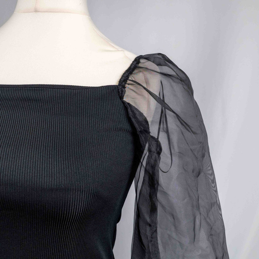 New Look black ribbed top with sheer balloon sleeves, brand new with tags.
