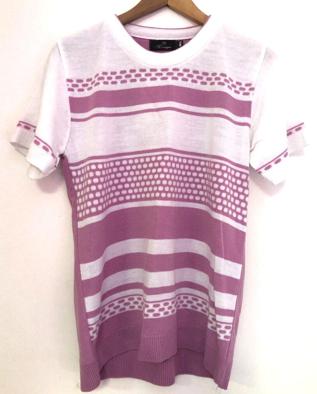 Womens Top M/L Pink and White Round Neck Short Sleeve by Monique Collection BNWT