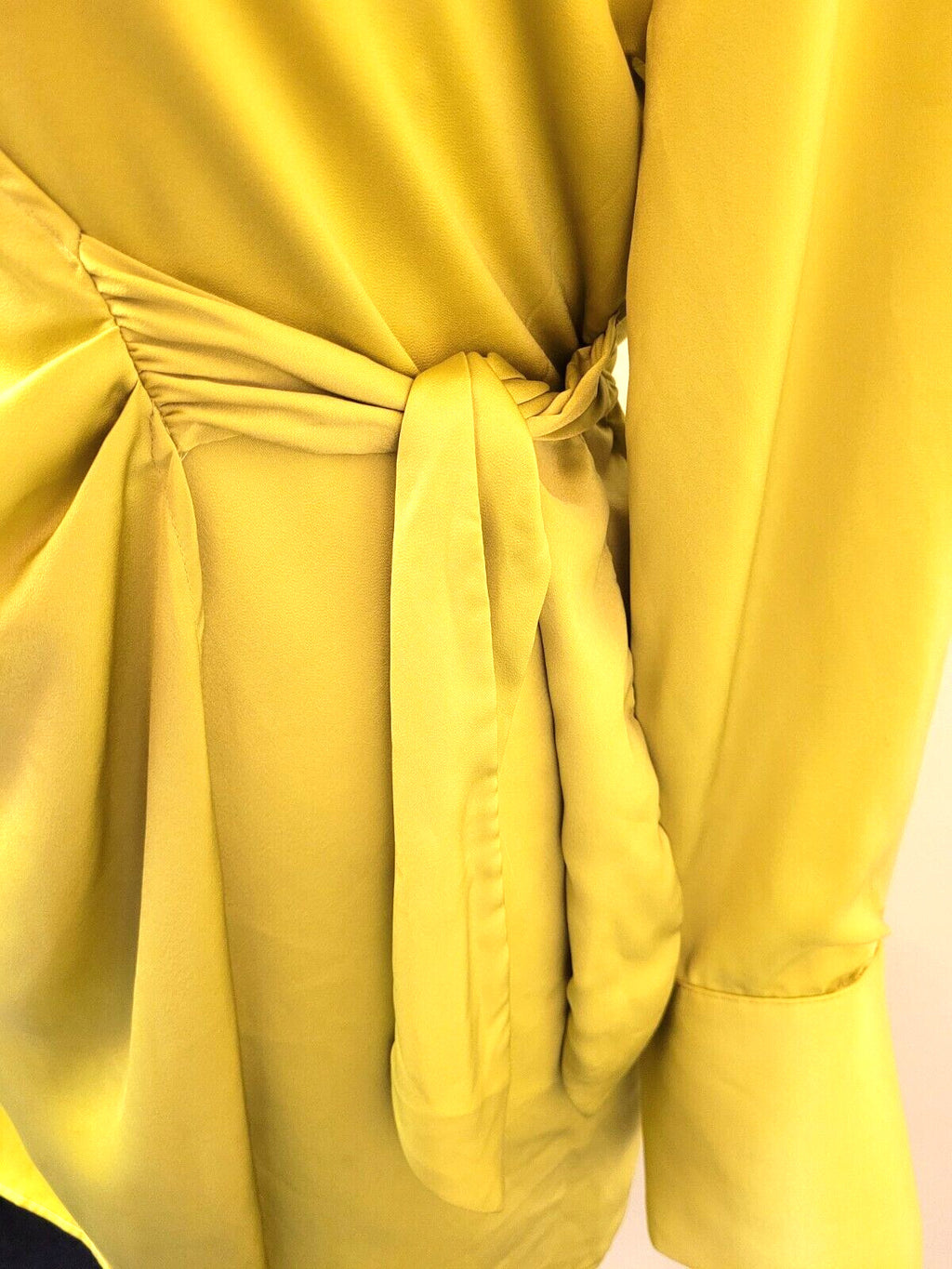 H&amp;M Wrap Dress UK10 Lime/Yellow Satin Mini V-Neck Long Sleeve New with Tags