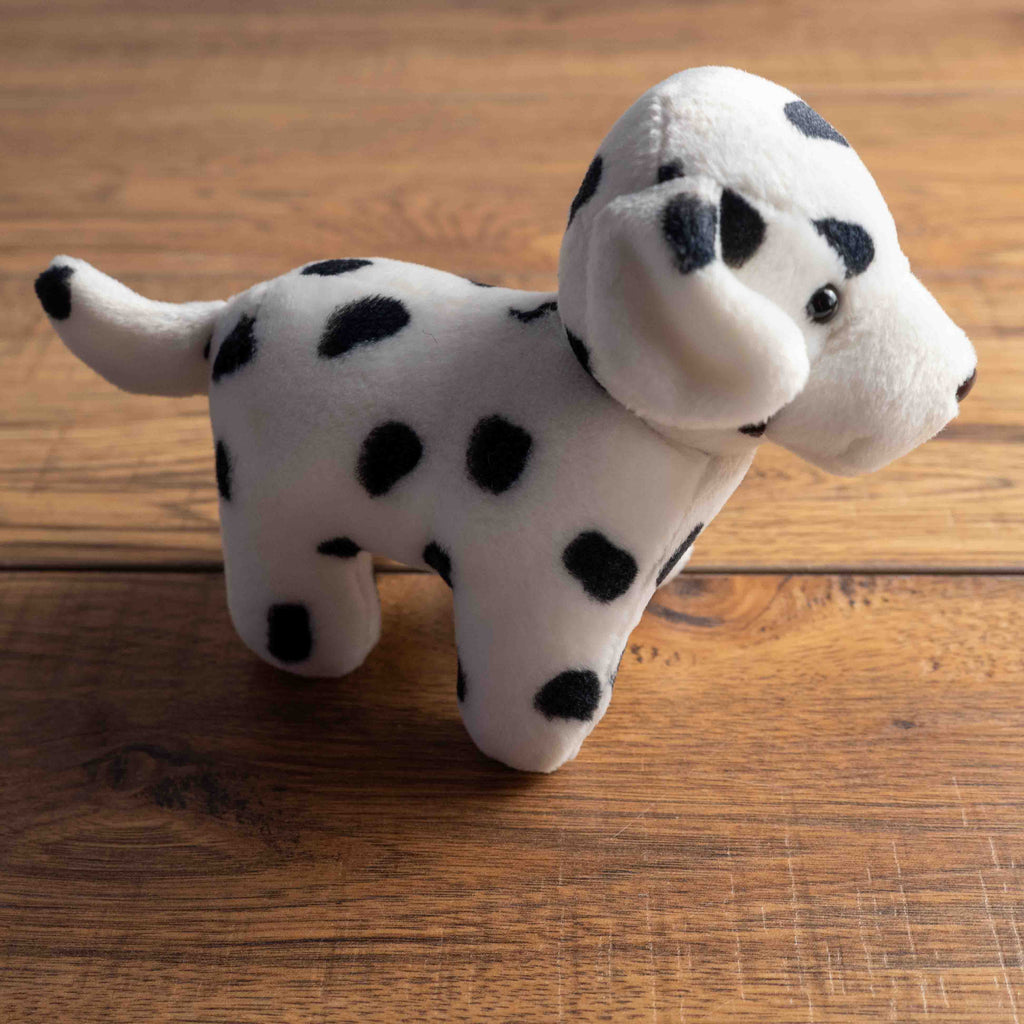 Keel Toy Company Dalmatian stuffed animal white with black spots, soft plush material.