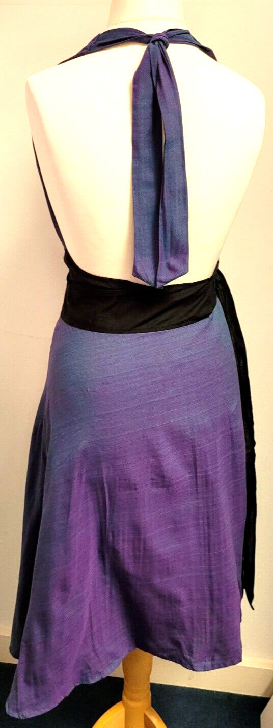 Halterneck Wrap Dress Small Purple Black Sash V-Neck 100% Cotton Pre-Owned