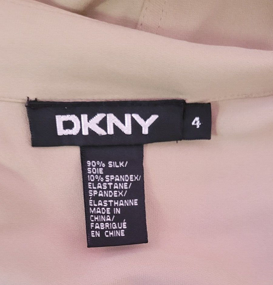 DKNY Dress UK8 Khaki Button Through Midi 90% Silk Belted  Pre-Owned