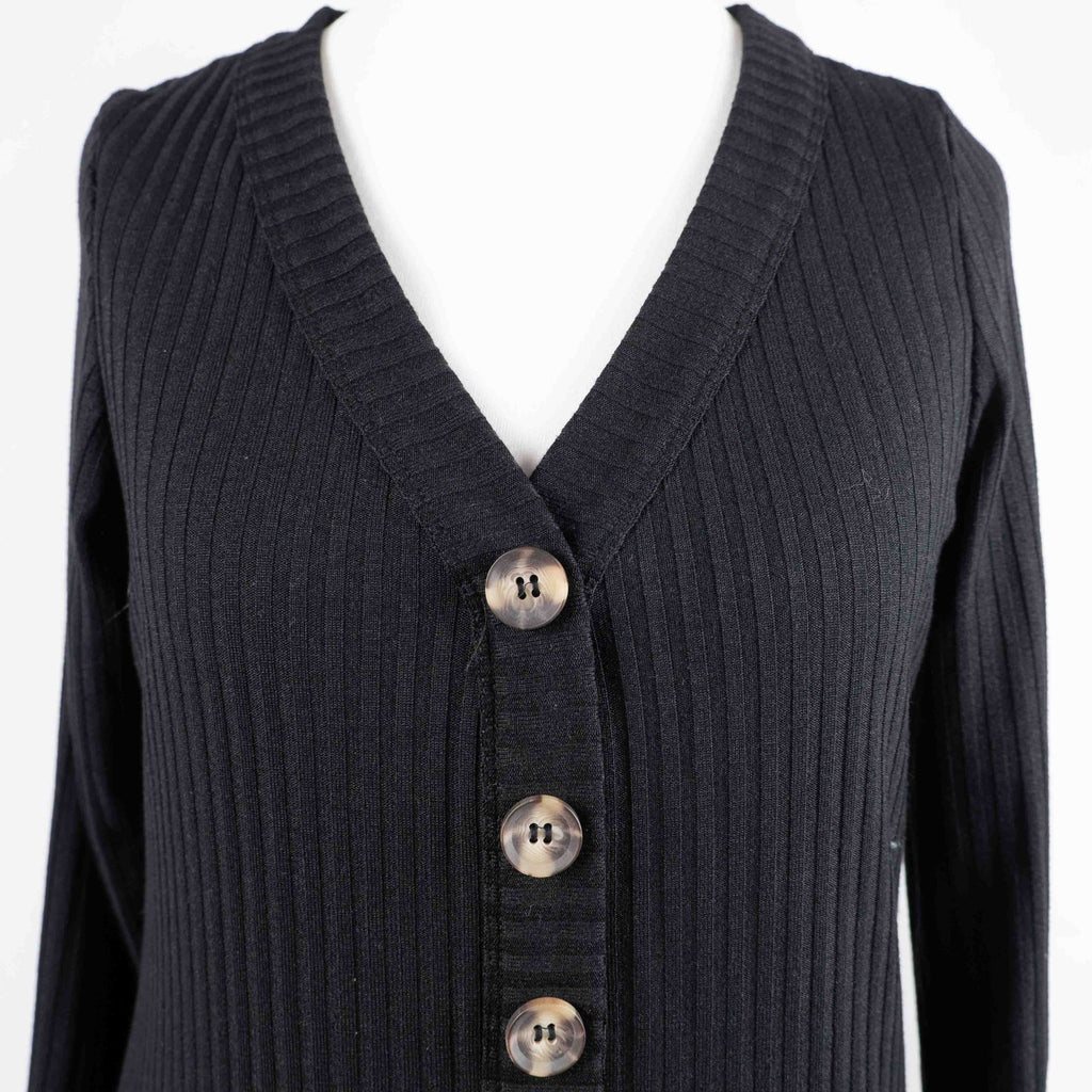 Unbranded black ribbed maxi dress with V neckline and three decorative front buttons.