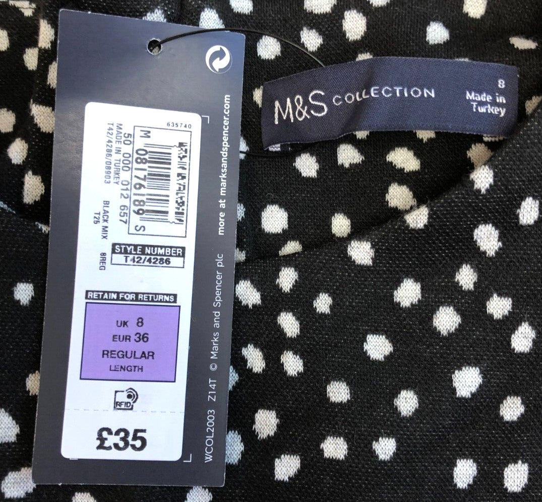 M&amp;S Dress UK8 Black Mix Fit and Flare Regular Length New with Tags