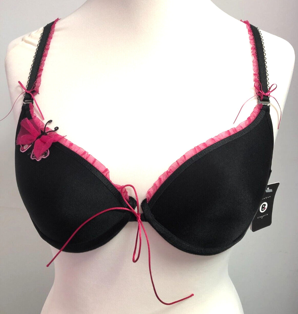Bonbon Lingerie Bra 34B Black/Pink Plunge Underwired Padded New with Tags