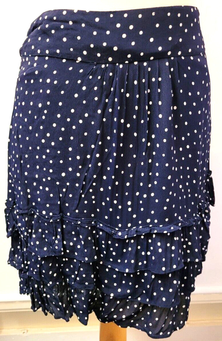 Monsoon Skirt UK10 Navy/White Polka Dot Tiered Bottom Knee Length Pre-Owned