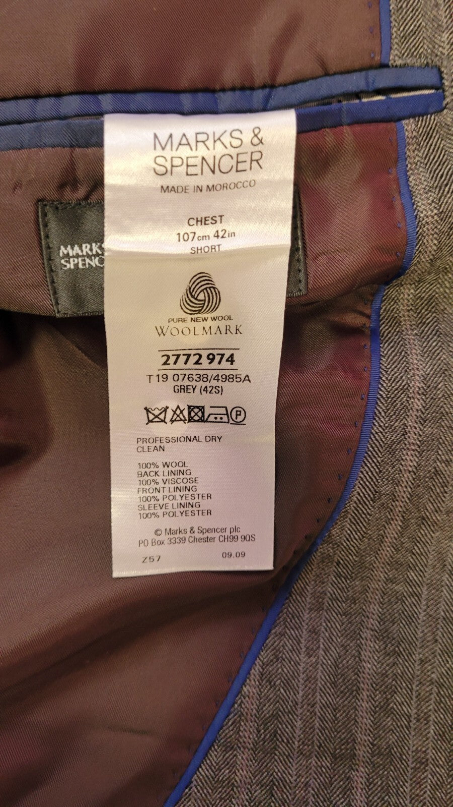 M&amp;S Mens Jacket 42" Short Grey Check Single Breasted 100% Wool Pre-Owned