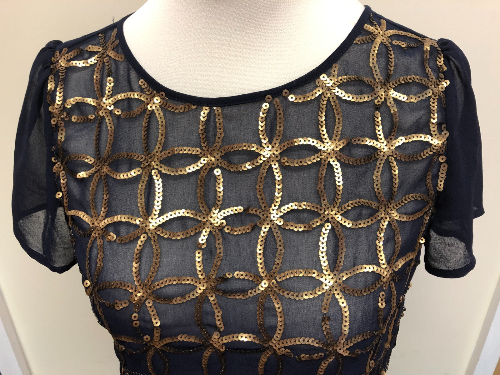 Maison Jules Womens Top Small Navy/Gold Sequined Short Sleeve Round Neck