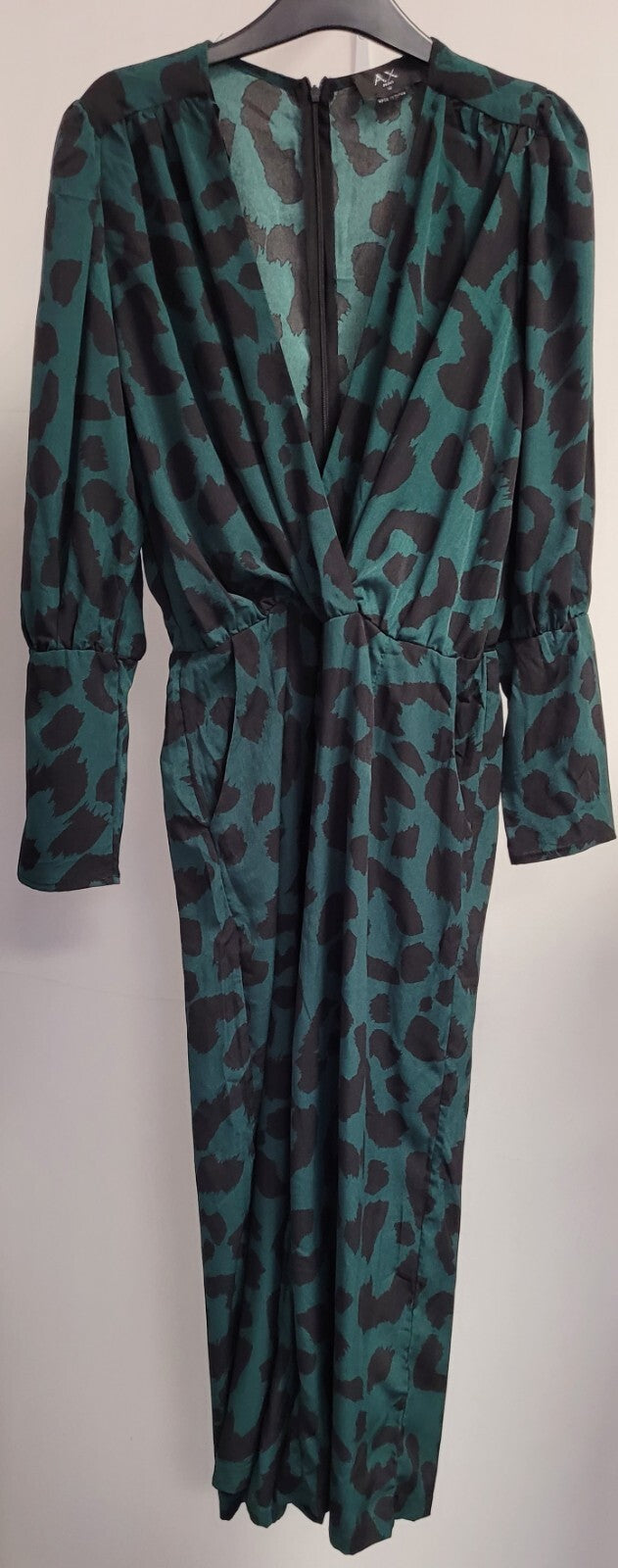 AX Jumpsuit UK12 Green/Black Animal Print Plunge Front Pre-Owned
