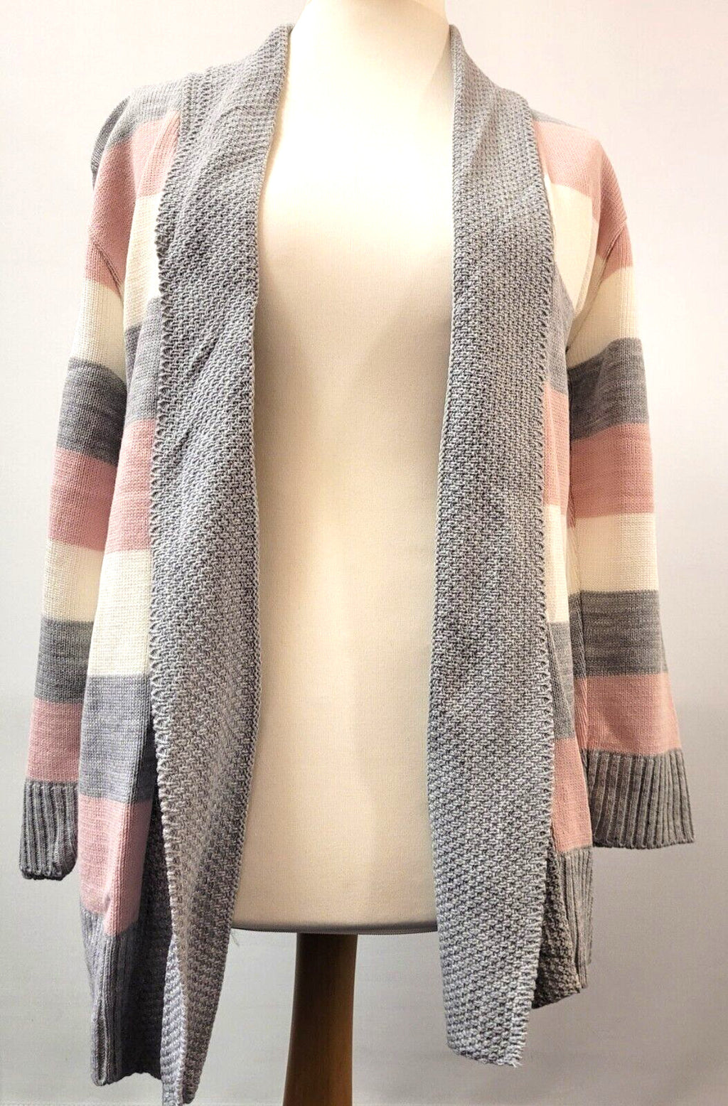 Pure &amp; Natural Womens Cardigan M/L Grey/Pink/Cream Stripe Open Front BNWT