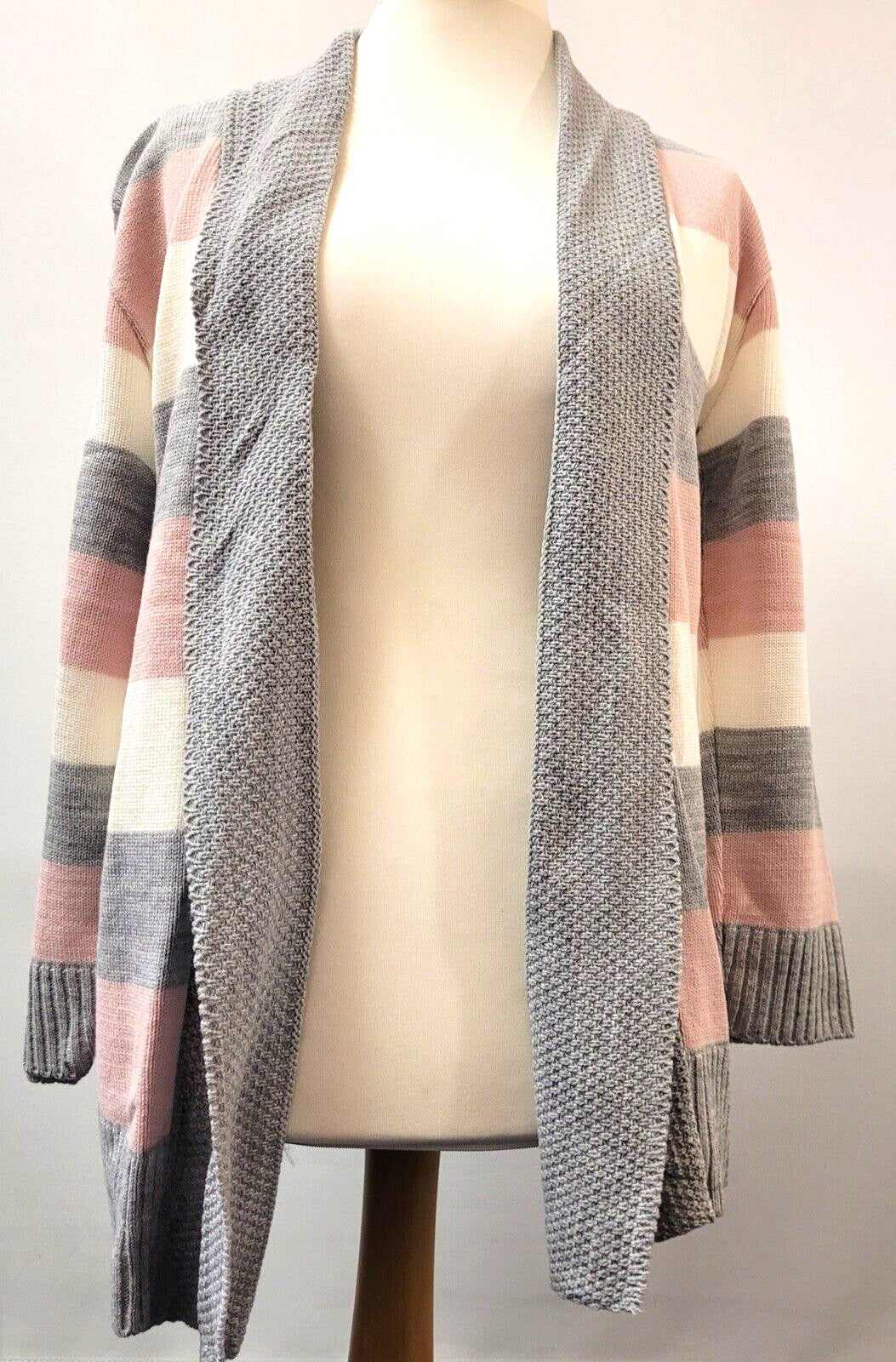 Pure &amp; Natural Womens Cardigan M/L Grey/Pink/Cream Stripe Open Front BNWT