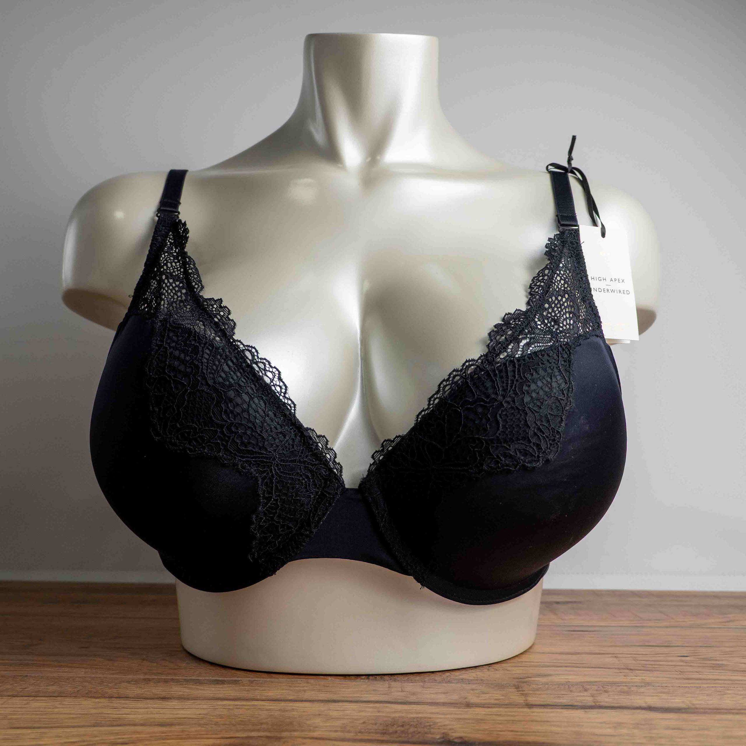 John Lewis black lace trim bra with underwire support and elegant lace detailing.