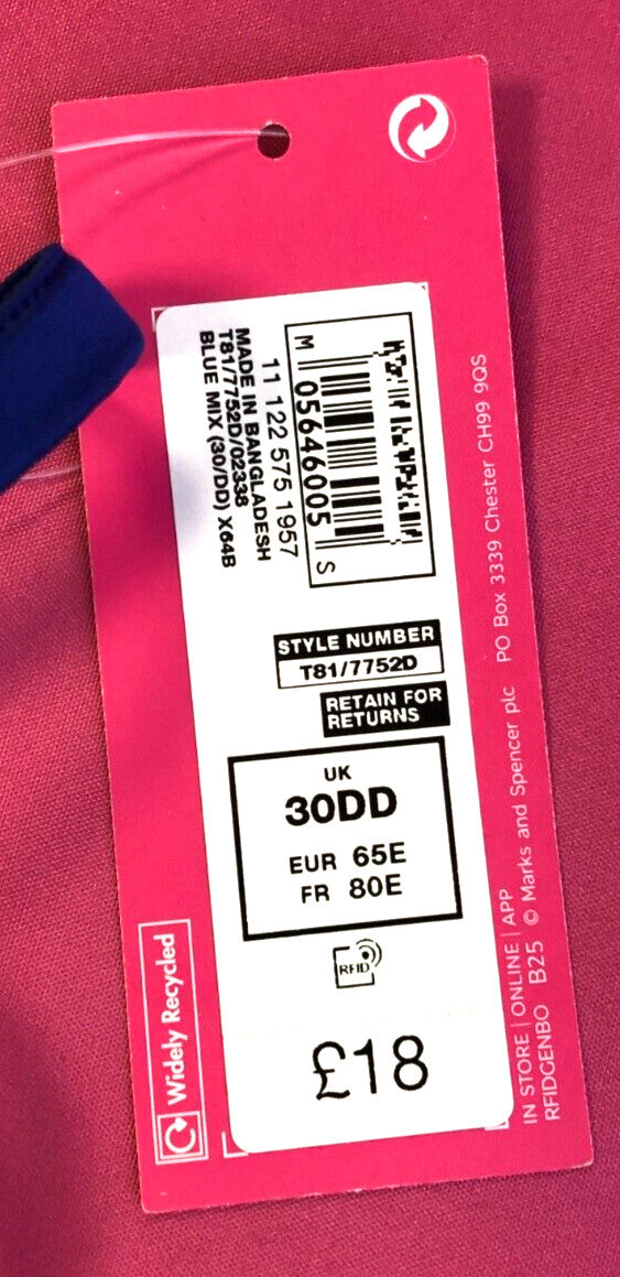 M&amp;S Bra 30DD Blue Mix Full Cup Underwired Non Padded New with Tags