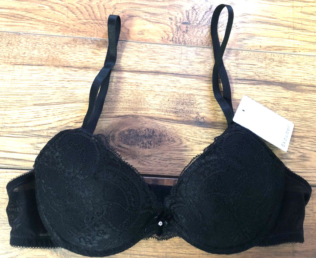 Ekouaer Bra 34C Black Plunge Underwired Padded New with Tags