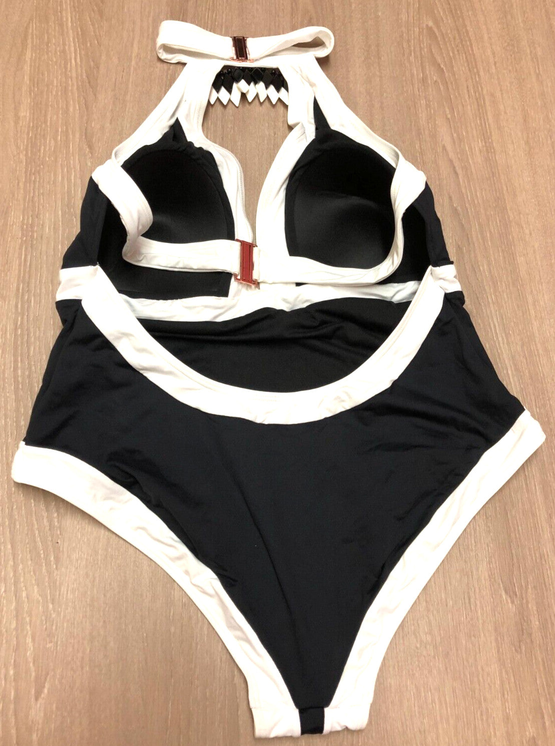 Figleaves Swimsuit UK26 Black/White Padded Plunge Choker Halterneck New + Tags