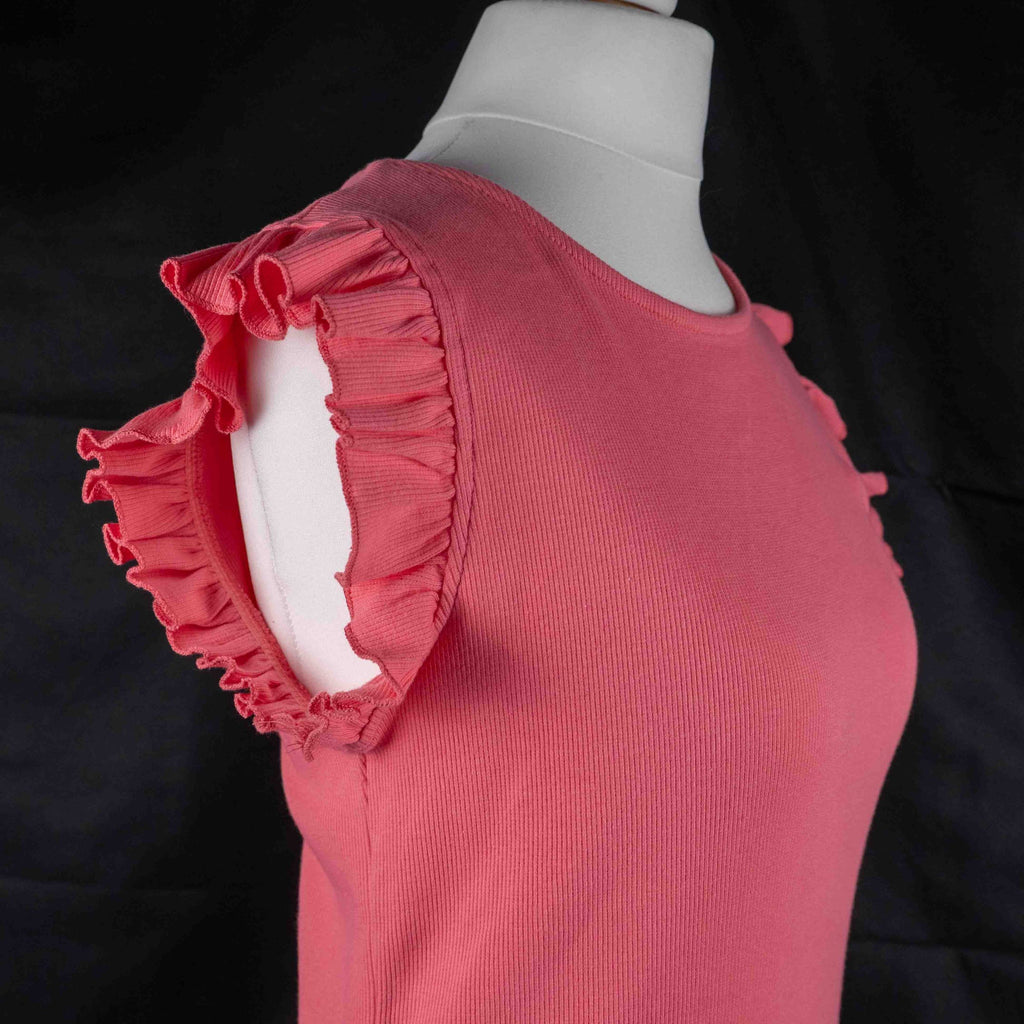 Papaya pink midi dress with ruffle sleeves and soft ribbed knit fabric.