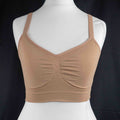 Dyvers light brown seamless bra with adjustable straps and soft ruched fabric.