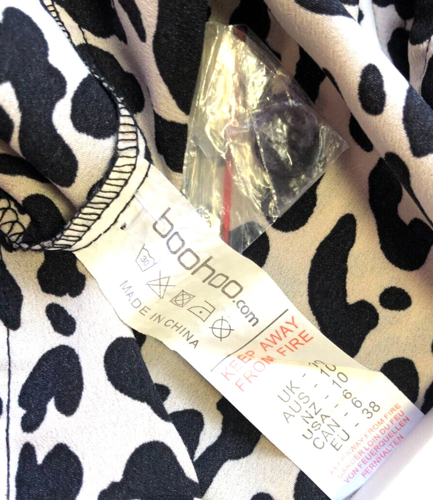 Boohoo Top UK10 Cream/Black Leopard Print Button Through Long Sleeve New