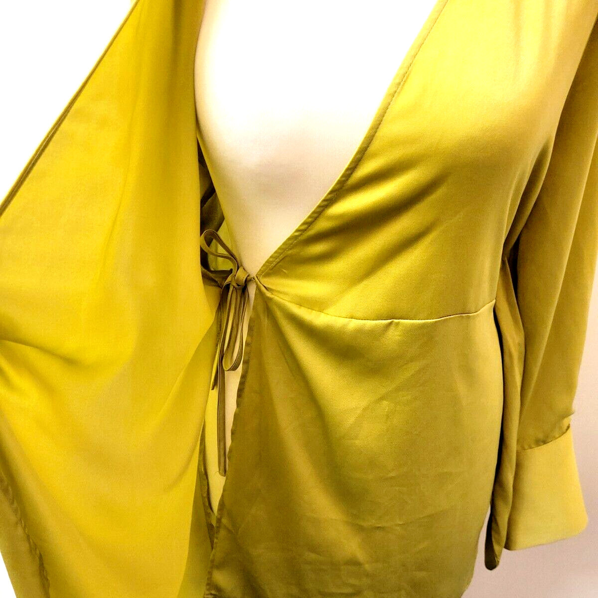 H&amp;M Wrap Dress UK10 Lime/Yellow Satin Mini V-Neck Long Sleeve New with Tags