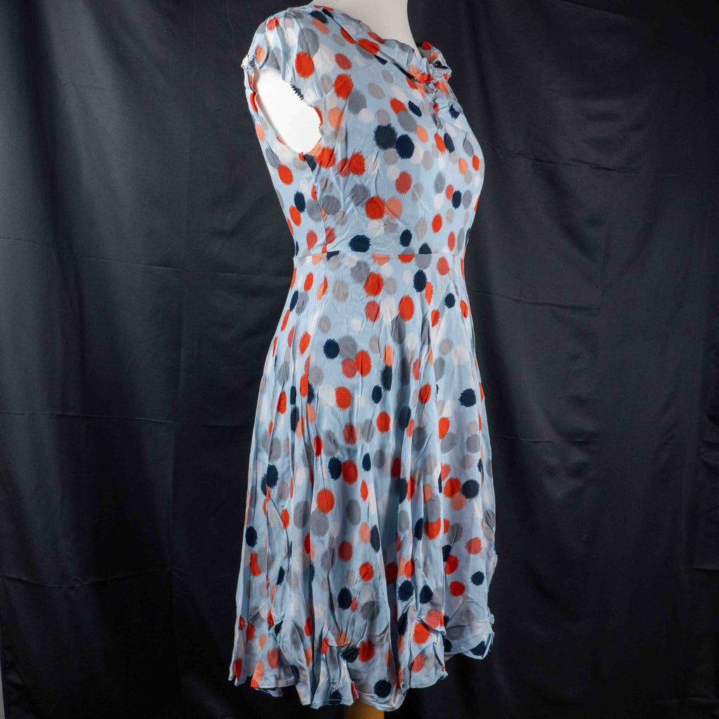 Hobbs London blue multicolour polka dot dress with ruffle hem and fitted waist.
