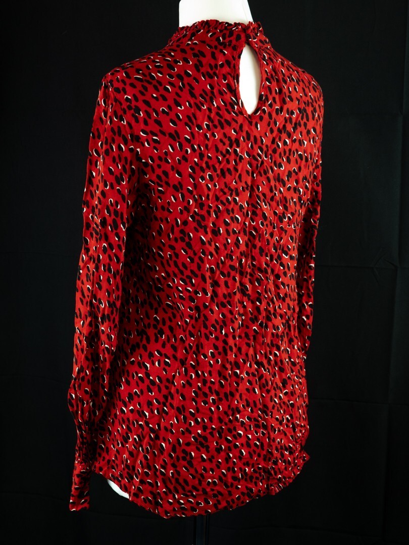 New Look red blouse with black accents, high neck, single button, 100% viscose.