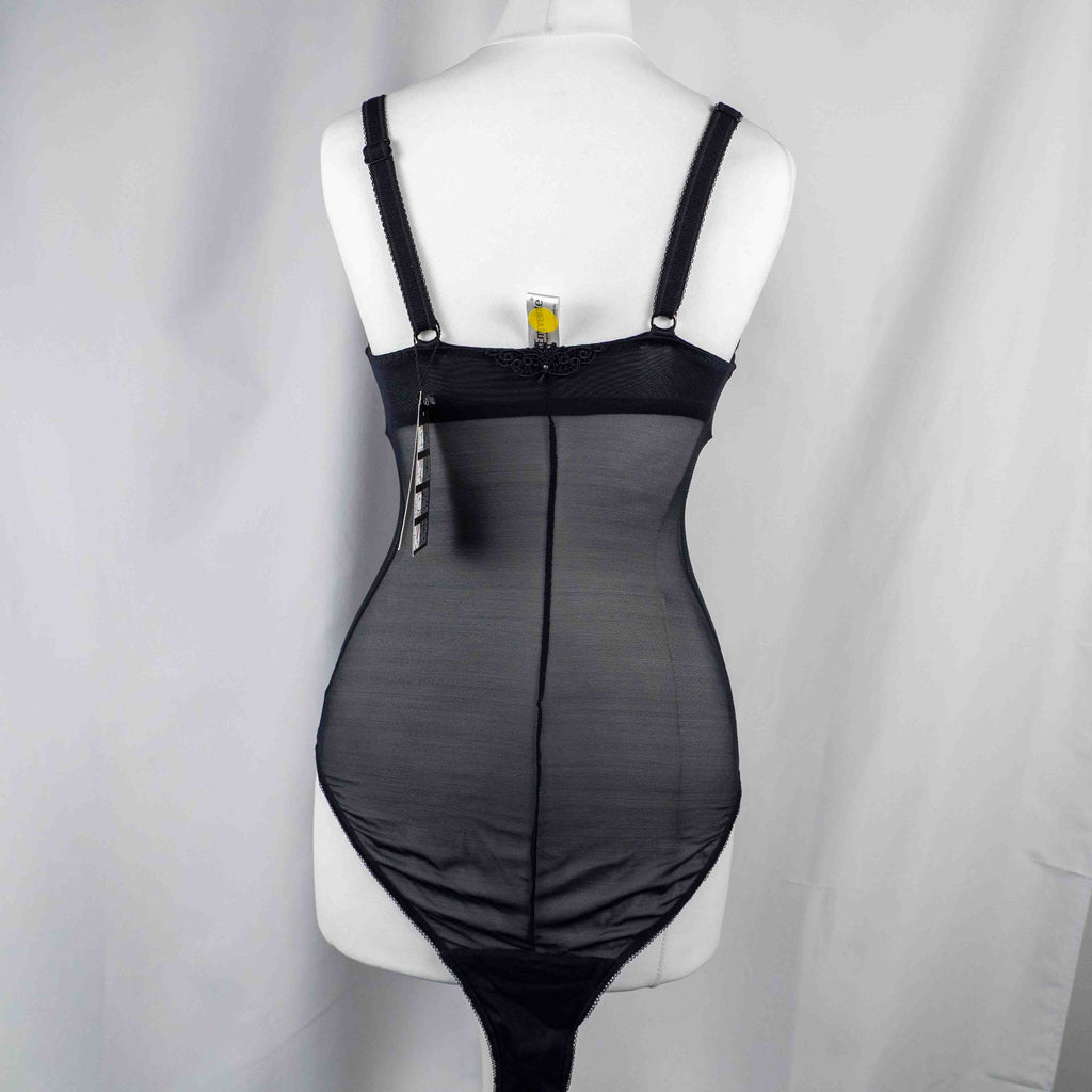 Empreinte black shapewear bodysuit with lace detailing, underwired cups, adjustable straps.