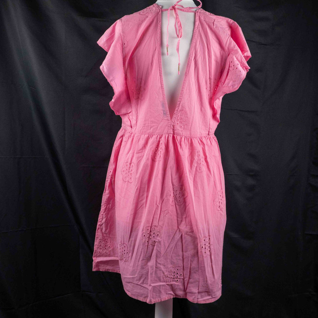 Papaya pink casual dress with embroidered floral patterns and flutter sleeves.