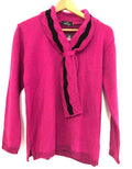 Monique pink crewneck sweater with mock scarf detail and toggle fastening.