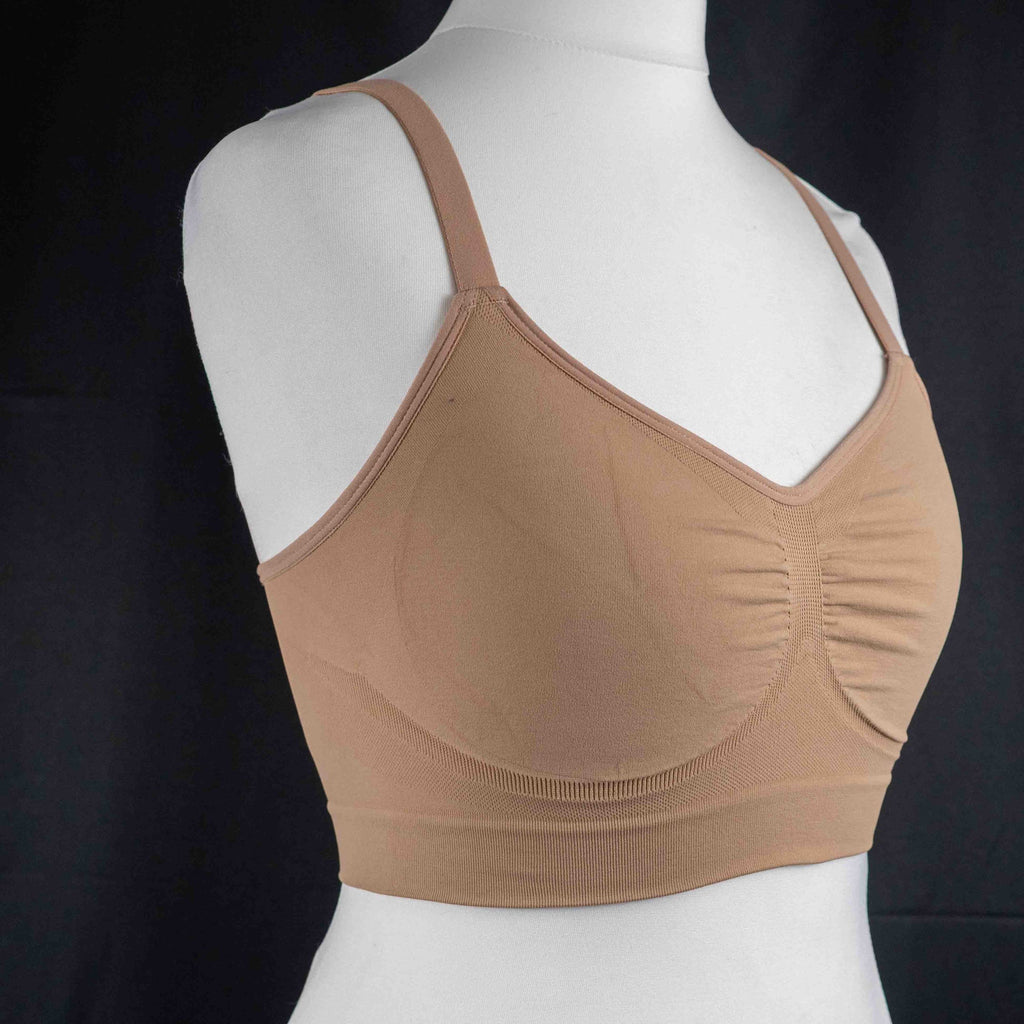 Dyvers light brown seamless bra with adjustable straps and soft ruched fabric.