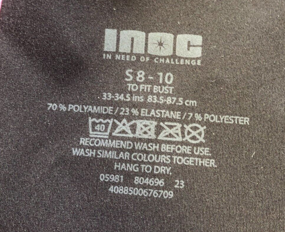 Sports Bra Small UK8/10 Black Seamless Padded by INOC IN NEED OF CHALLENGE NWT