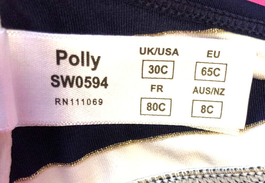 Panache Atlantis Bikini Top 30C Navy/Cream Gold Trim Underwired Padded Polly NWT