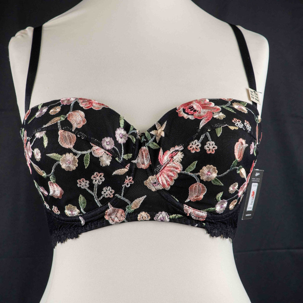 New Look black balconette bra with pink floral embroidery and decorative strappy back.