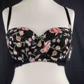 New Look black balconette bra with pink floral embroidery and decorative strappy back.