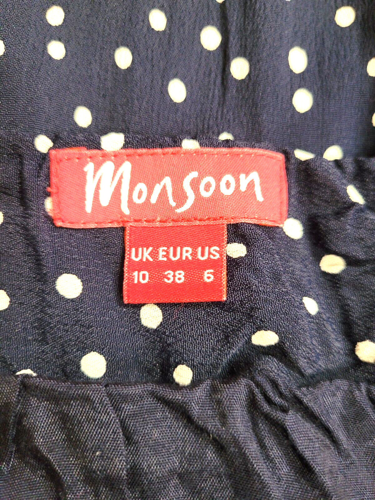 Monsoon Skirt UK10 Navy/White Polka Dot Tiered Bottom Knee Length Pre-Owned