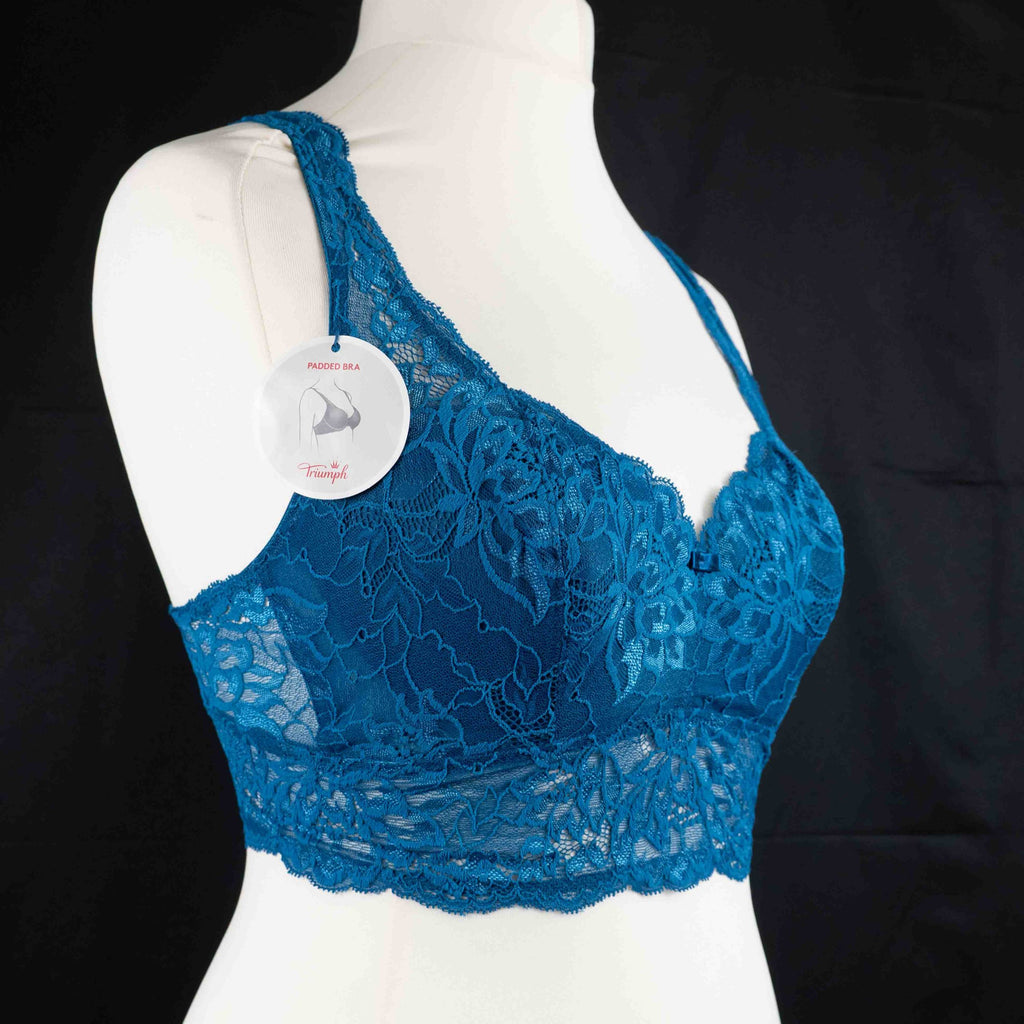Triumph blue lace underwired bra with floral patterns and small bow detail.