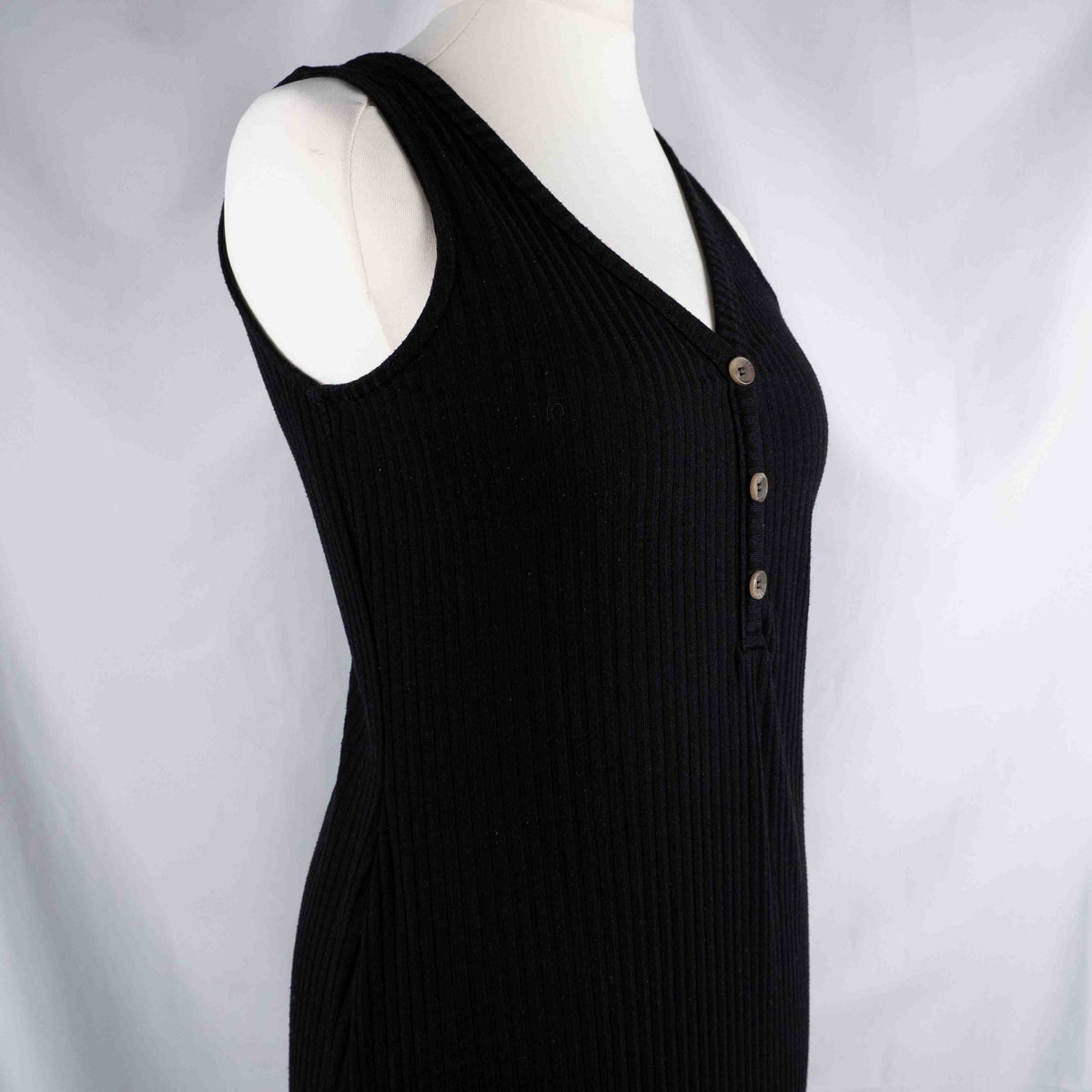 Papaya black midi dress sleeveless ribbed knit with three-button front detail