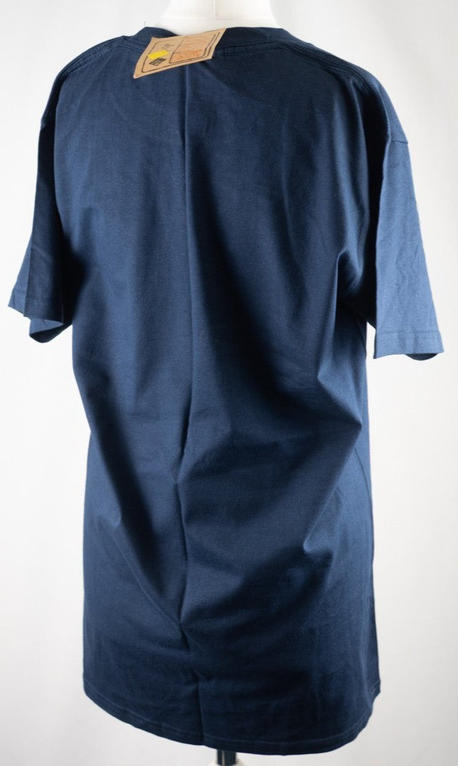 Caribbean Taino blue t-shirt featuring turtle print design on front, short sleeves.