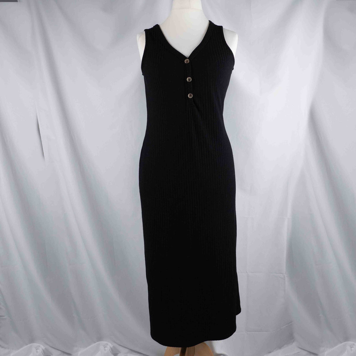 Papaya black midi dress sleeveless ribbed knit with three-button front detail