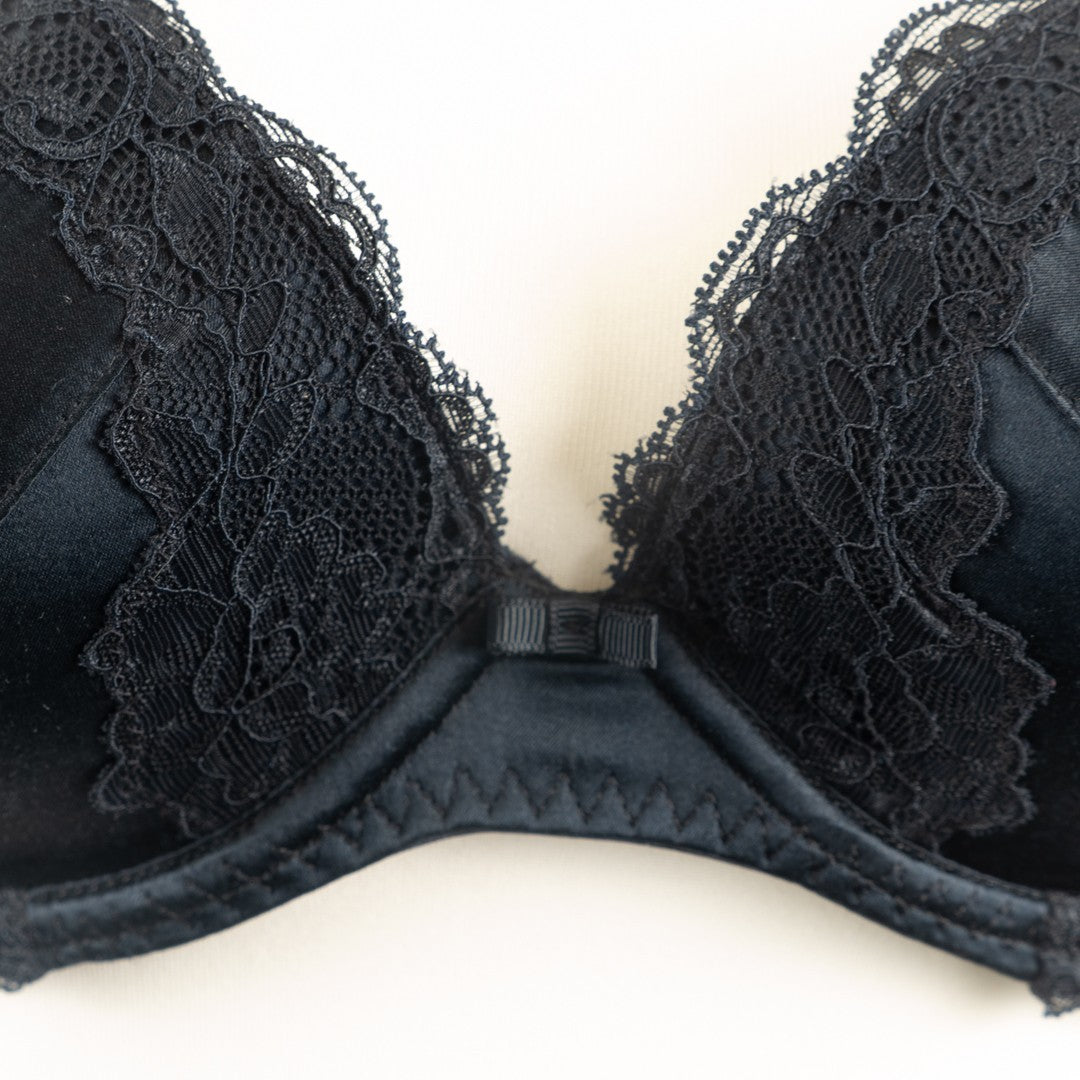 F&amp;F Bra 32C Black Plunge Silk Blend Underwired Padded New with Tags