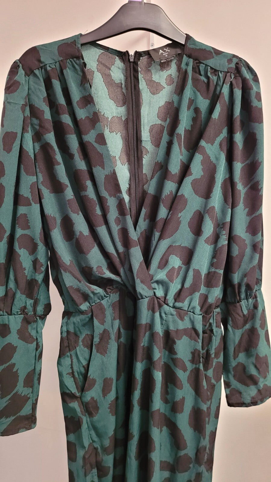 AX Jumpsuit UK12 Green/Black Animal Print Plunge Front Pre-Owned