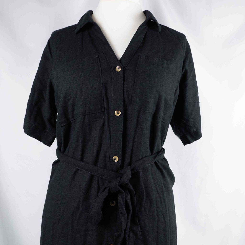Papaya black shirt dress with button-down front, matching belt, and chest pockets.