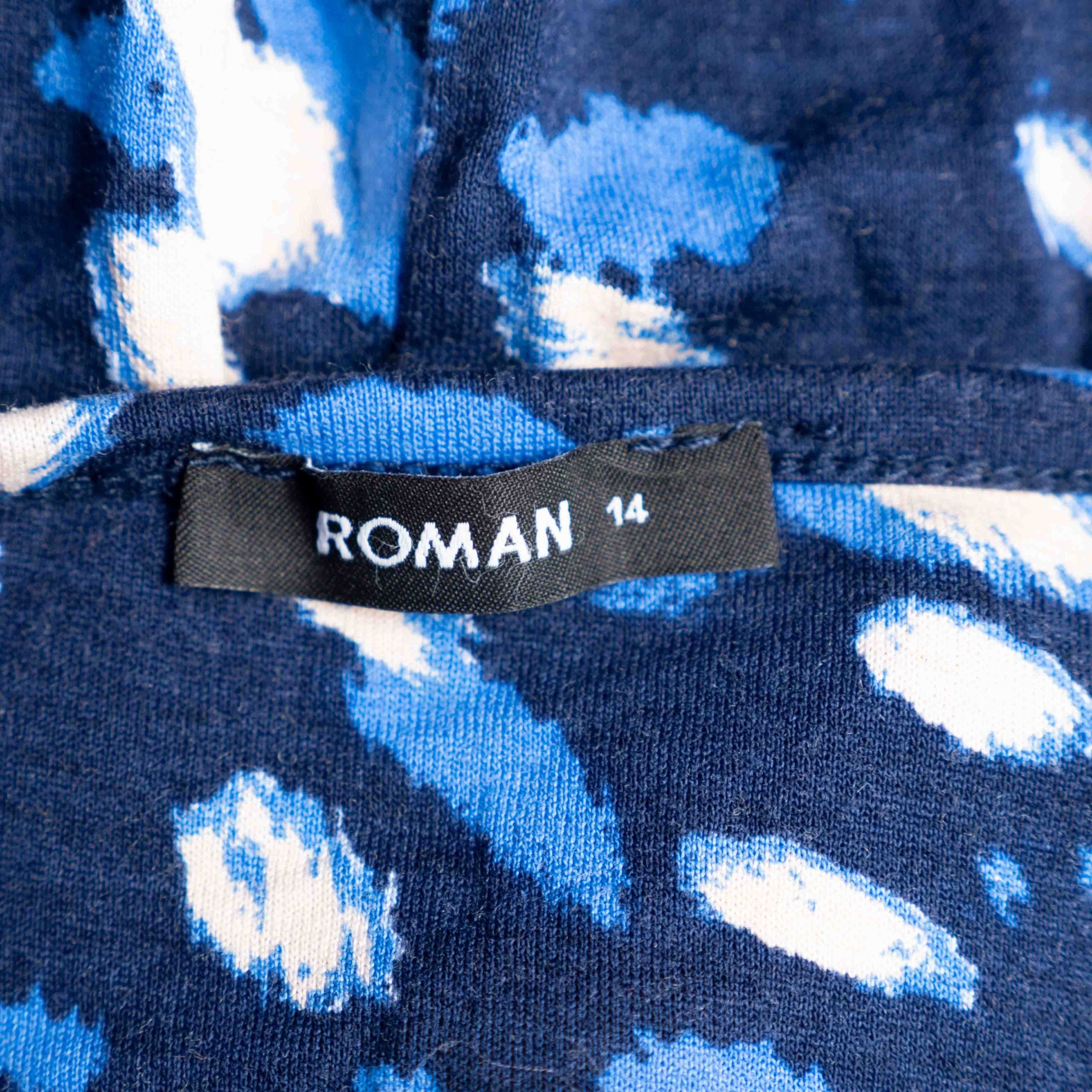 Roman midi dress blue and white abstract pattern long sleeves fitted waist stretchy material.
