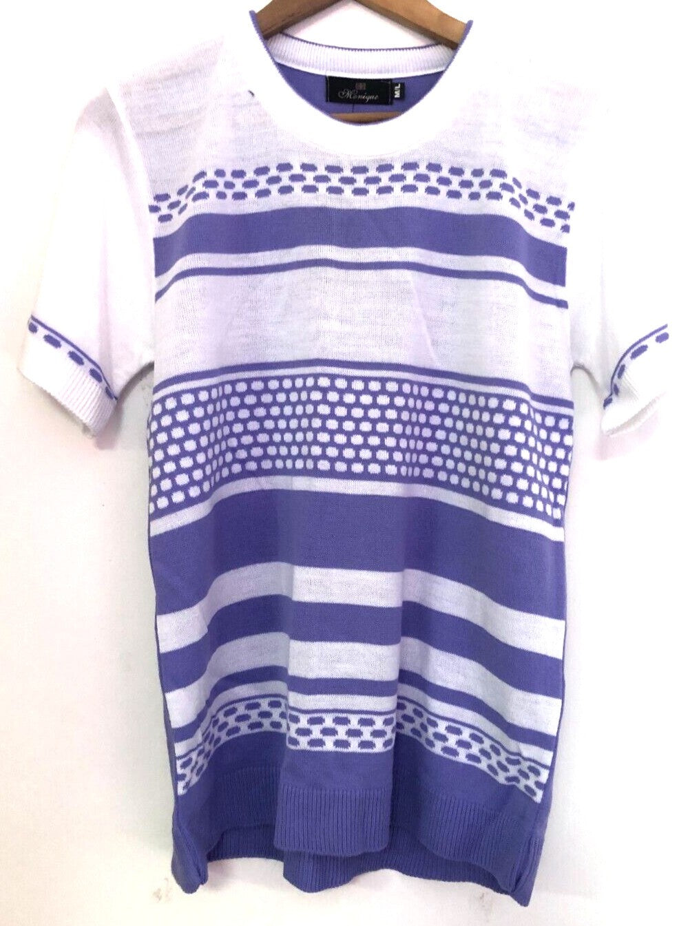 Monique Collection purple casual t-shirt with white pattern and round neck, 100% acrylic.