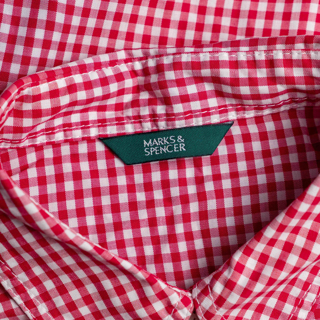 Marks & Spencer red and white gingham sleeveless shirt with classic collar and chest pocket.