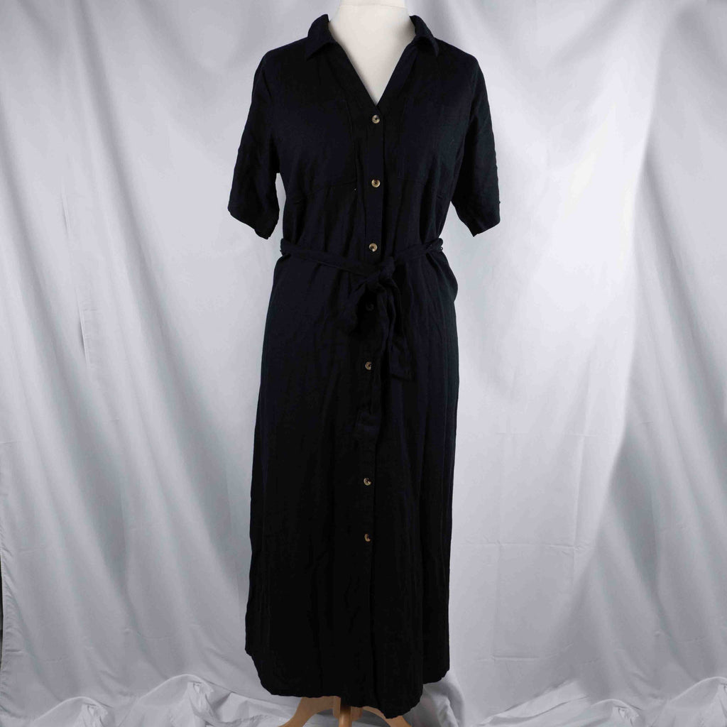 Papaya black shirt dress with button-down front, matching belt, and chest pockets.