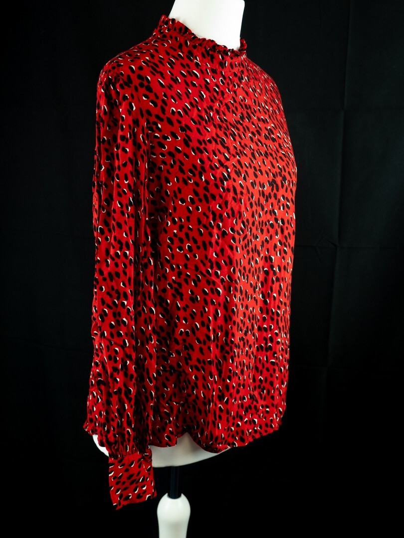 New Look red blouse with black accents, high neck, single button, 100% viscose.