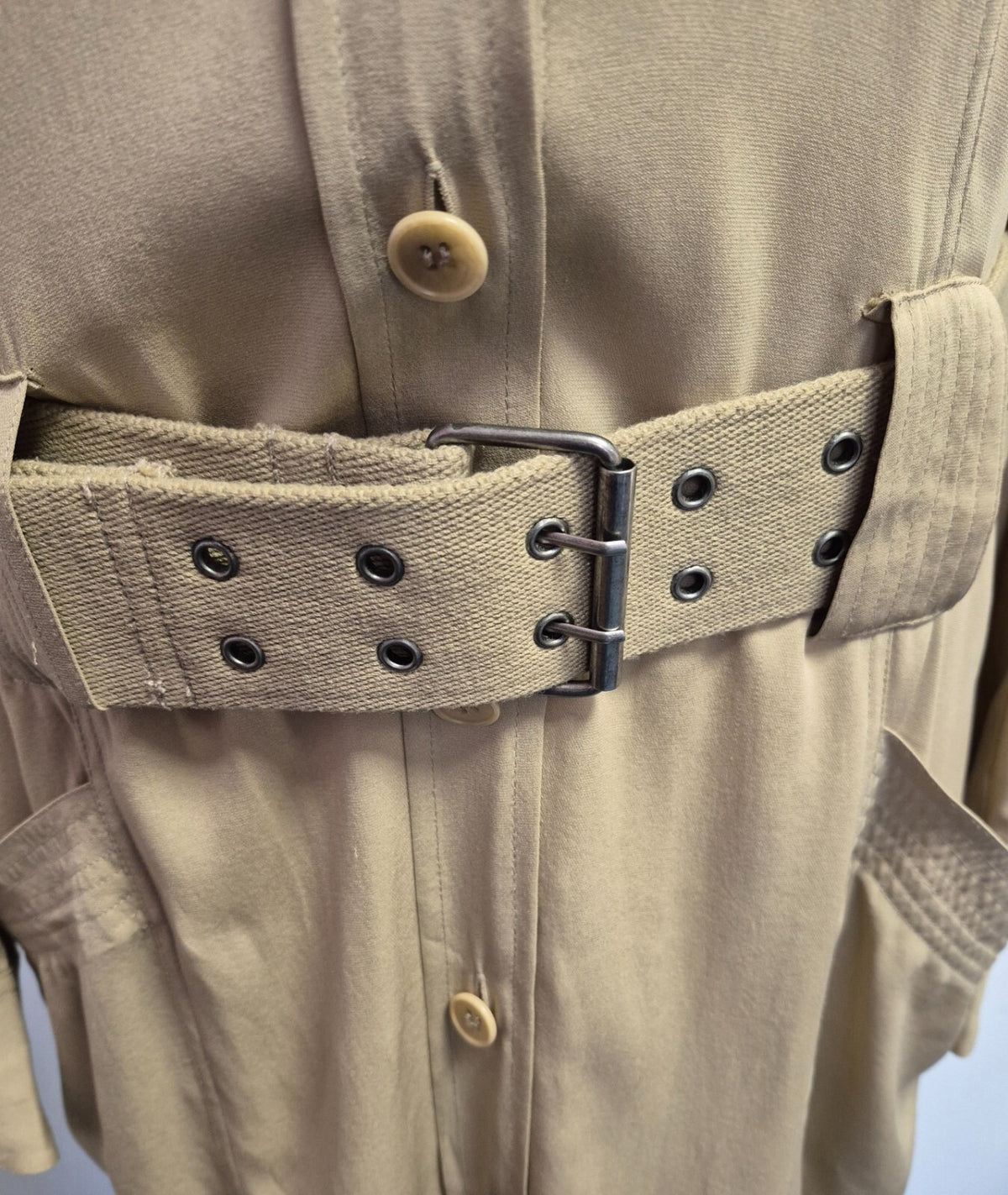 DKNY Dress UK8 Khaki Button Through Midi 90% Silk Belted  Pre-Owned