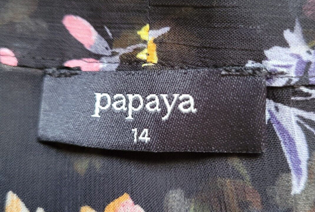 Papaya Blouse UK14 Black/Multi Floral Print Semi-Sheer Long Sleeve Pre-Owned