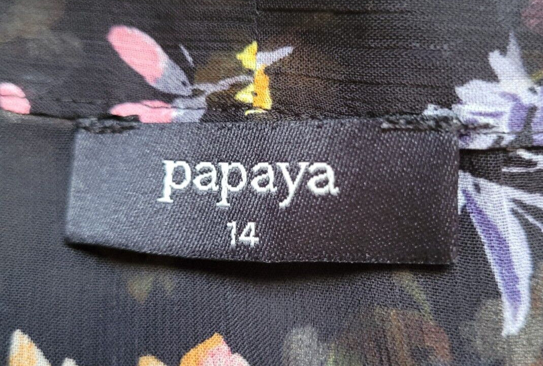 Papaya Blouse UK14 Black/Multi Floral Print Semi-Sheer Long Sleeve Pre-Owned